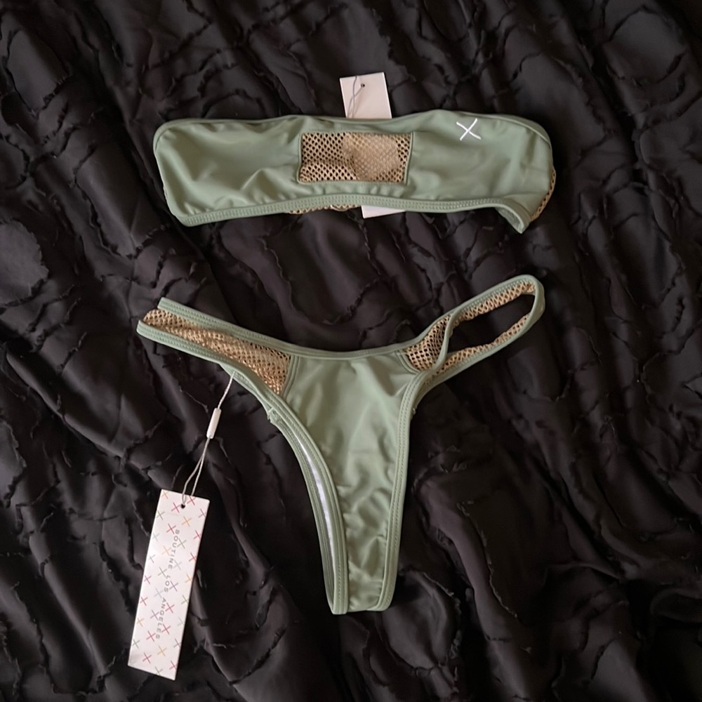 BoutineLA Moss Green Perforated strapless bikini set